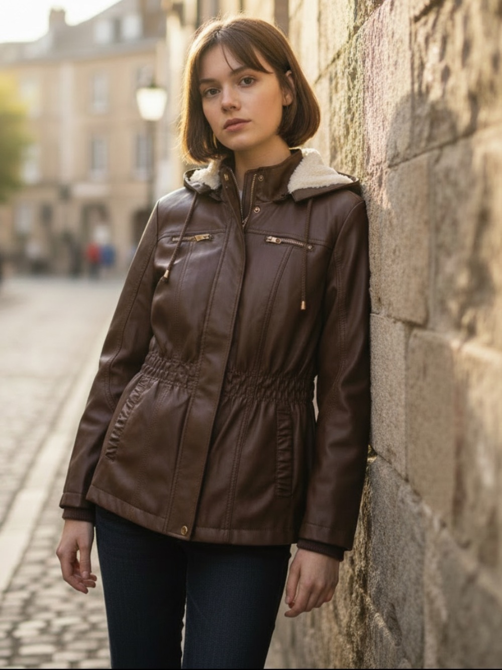 Cavalini Chocolate Brown Faux-Leather Hooded Jacket with Faux-Fur Trim